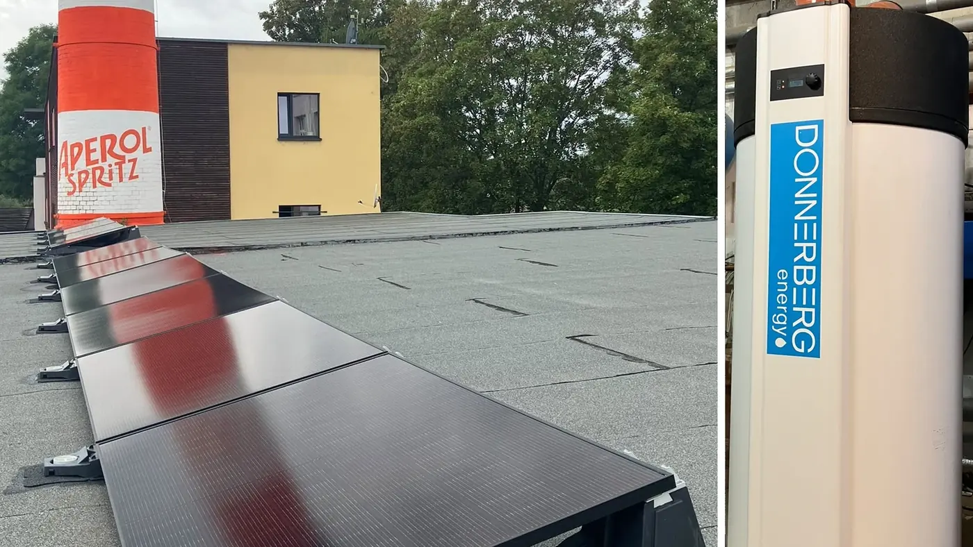 Citybeach Dresden — links die Photovoltaik auf dem Flachdach, rechts die Brauchwasser-Wärmepumpe im Technikraum