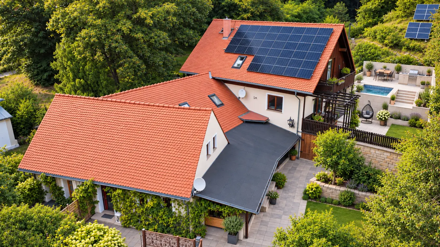 Pension Nippgen — Luftaufnahme mit Photovoltaik auf dem Dach